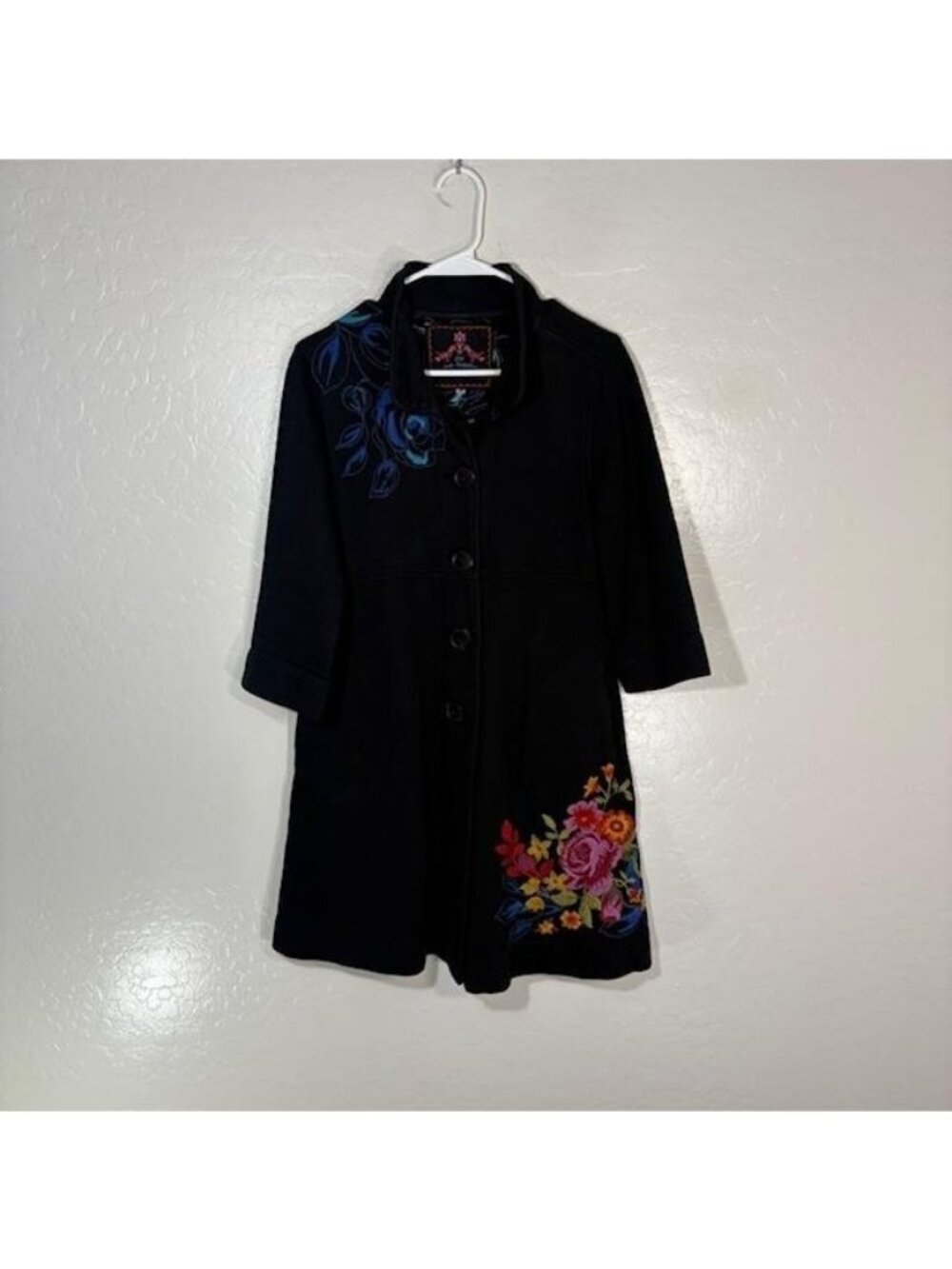 JW Los Angeles Coat Womens Small Black Floral Embroidered Button Front Boho